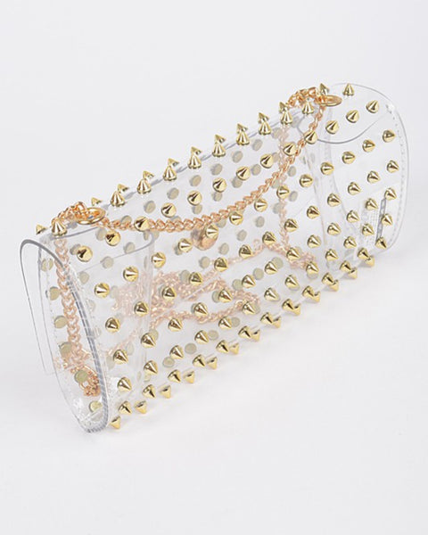 CLEAR SPIKED CLUTCH/CROSSBODY BAG-GOLD
